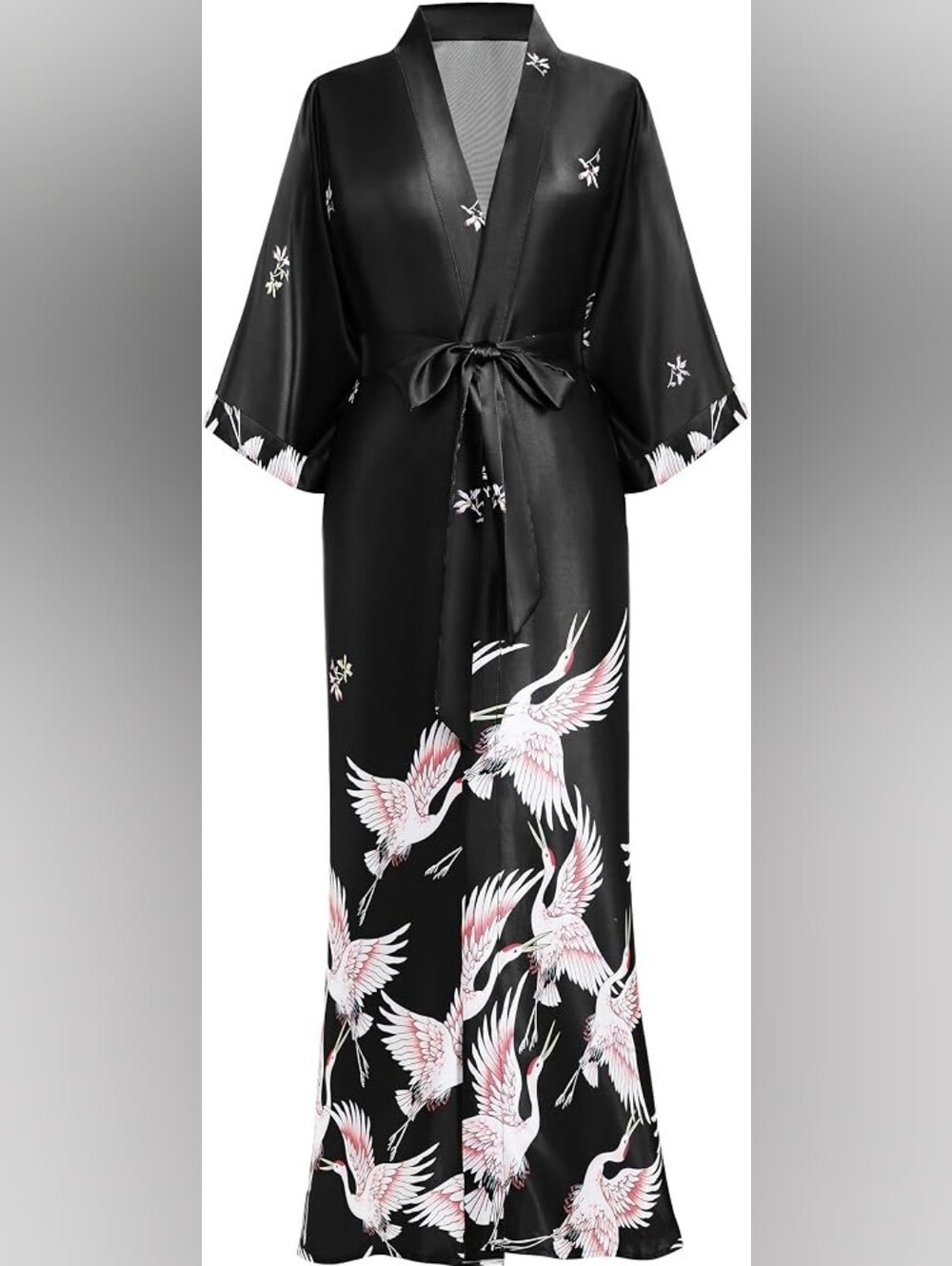 Long Satin Kimono Robe Crane Print Sleepwear Silky Lighweight Side Pockets